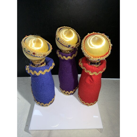Vtg Wise Men Kitsch Handmade 60s 70s Satin Felt Sequins Beaded Bottle Nativity - Picture 5 of 8